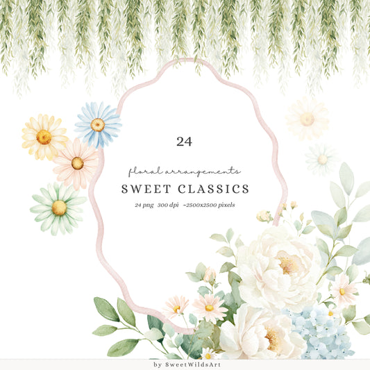 Sweet Classics - Floral Arrangements Clipart, Pastel Flowers, Nursery, Elegant Baby,Soft Garden | 24 PNG