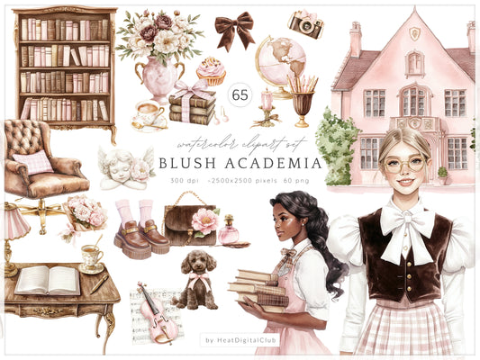 Blush Academia - Light Academia, Study Girls Clipart, Books, Bookworm | 65 PNG