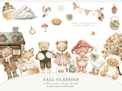 Fall Classics - Teddy Bears Clipart Bundle, Autumn Kids Animals, Vintage Toys, Goose, Pumpkins, Cozy Nursery | 110 PNG/JPEG