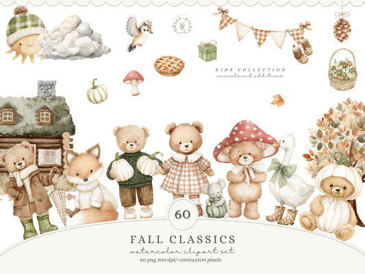 Fall Classics - Teddy Bears Clipart, Autumn Kids Animals, Goose, Fox, Pumpkins, Cozy Nursery | 60 PNG