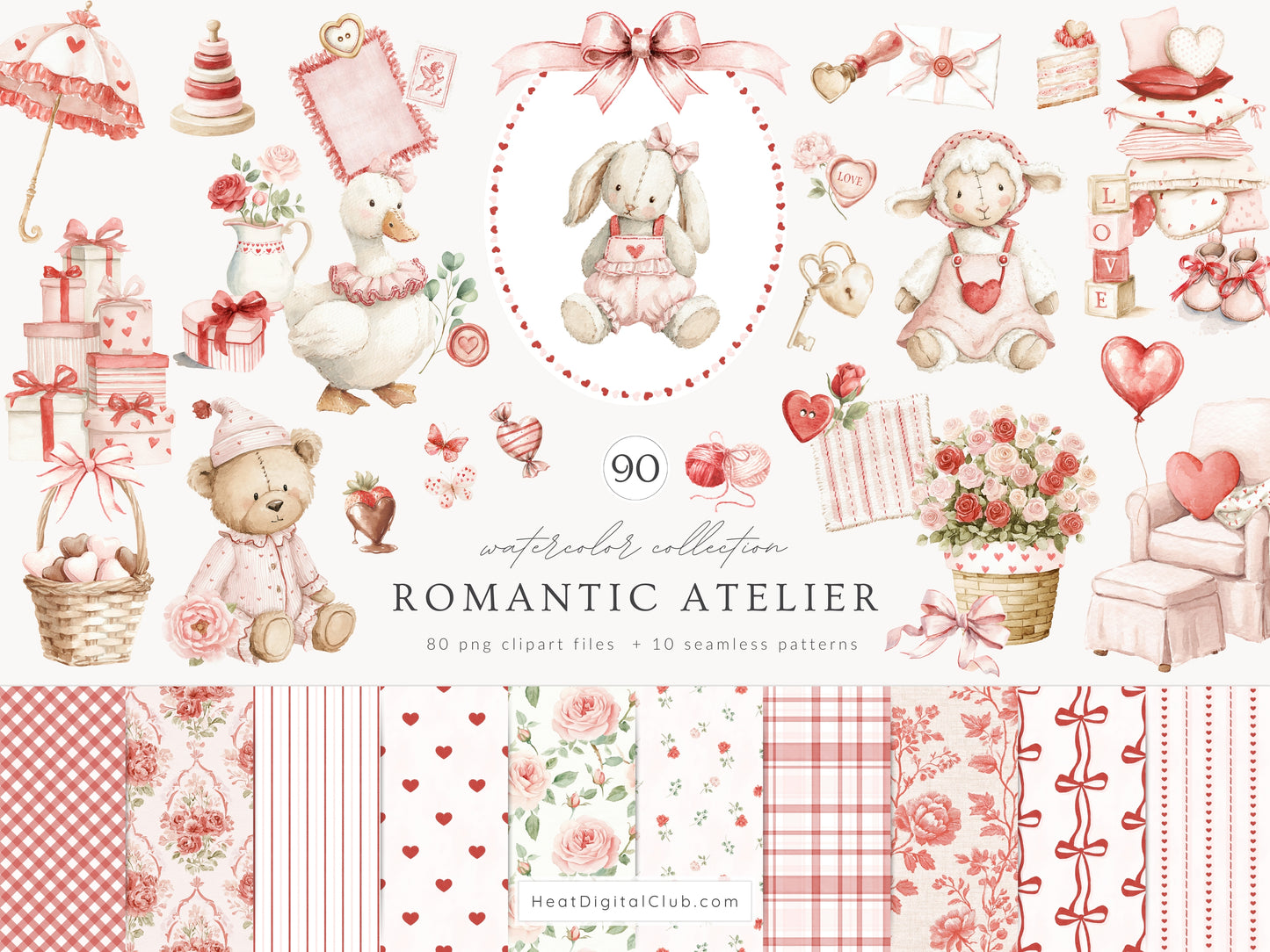 Romantic Atelier - Valentine’s Day Clipart, Cute Vintage Toys, Pink Red Nursery, Love Clipart | 90 PNG/JPEG