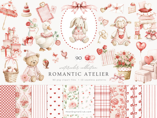 Romantic Atelier - Valentine’s Day Clipart, Cute Vintage Toys, Pink Red Nursery, Love Clipart | 90 PNG/JPEG