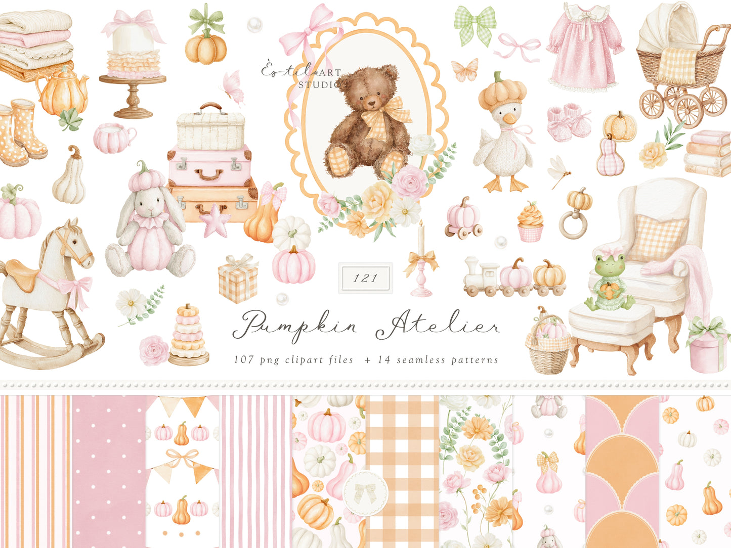 Pumpkin Atelier - Clipart, Fall Autumn Baby Shower, Little Pumpkin Birthday, Girl Fall, Seamless Patterns | 121 PNG/JPEG