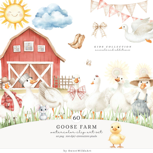 Goose Farm - Silly Goose, Cute Nursery, Baby Shower Clipart, Cottagecore | 60 PNG