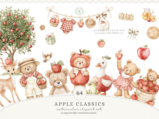 Apple Classics - Nursery Clipart, Cute Animals Clipart, Apple Orchard Kids, Fall Baby | 60 PNG