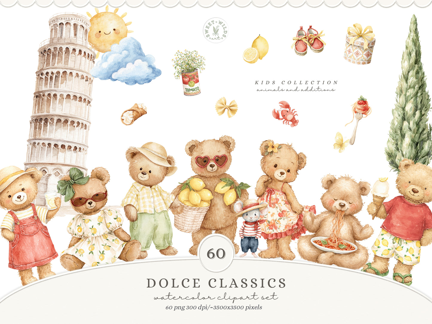 Dolce Classics - Italian Teddy Bear Clipart Bundle, Dolce Vita Animals, Lemon Summer, Cute Nursery , Baby Shower | 98 PNG/JPEG