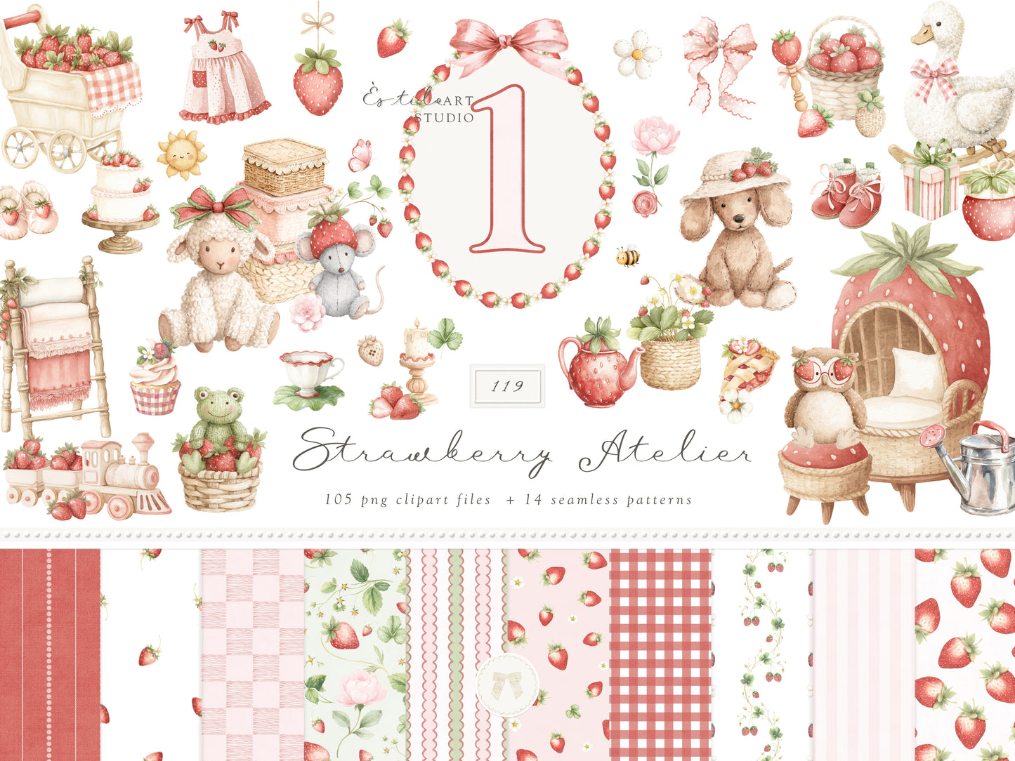 Strawberry Atelier - Bundle Clipart, Cottagecore Nursery, Baby Girl Birthday, Heirloom Toys, Spring | 119 PNG/JPEG