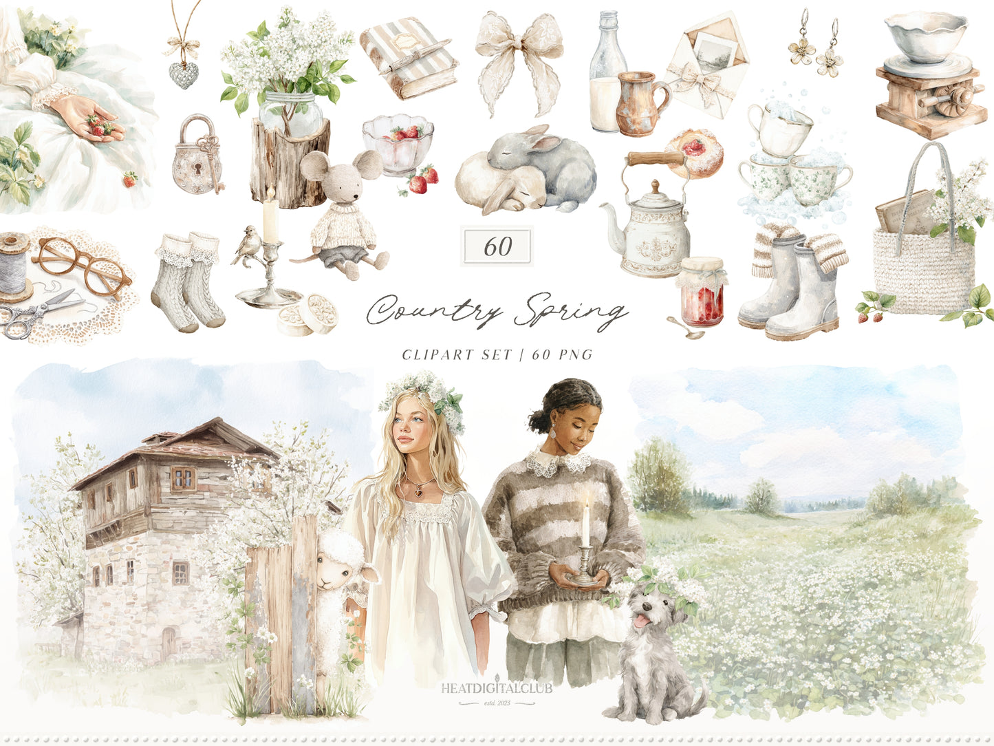 Country Spring - Clipart, Rustic Cottagecore, Strawberry Garden, French Farmhouse | 60 PNG