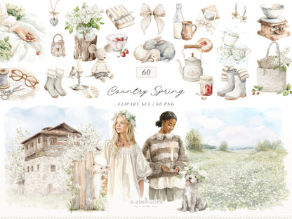 Country Spring - Clipart, Rustic Cottagecore, Strawberry Garden, French Farmhouse | 60 PNG