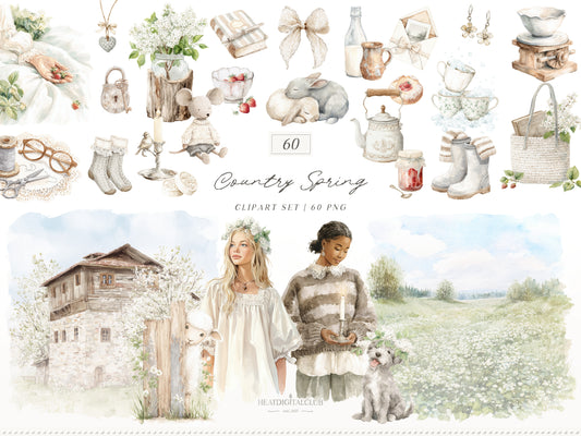 Country Spring - Clipart, Rustic Cottagecore, Strawberry Garden, French Farmhouse | 60 PNG