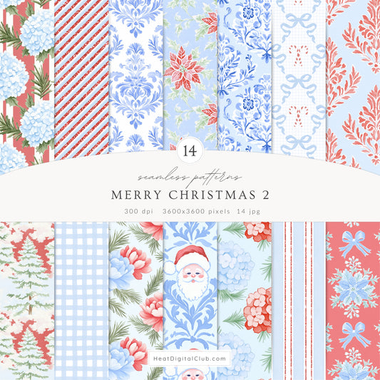Merry Christmas - Seamless Patterns Set 2, Grandmillennial Holiday, Stripes, Plaid | 14 JPEG