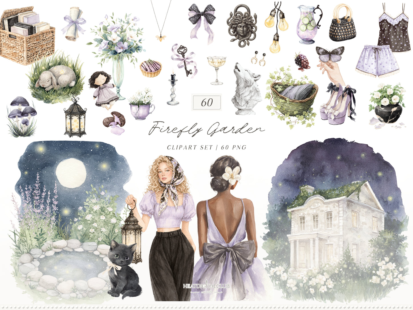 Firefly Garden - Clipart Bundle, Night Summer Garden, Moonlight, Cottagecore, Mystical Garden | 94 PNG/JPEG