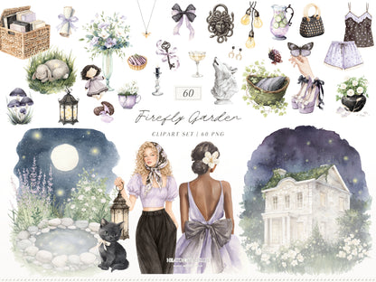 Firefly Garden - Clipart Bundle, Night Summer Garden, Moonlight, Cottagecore, Mystical Garden | 94 PNG/JPEG