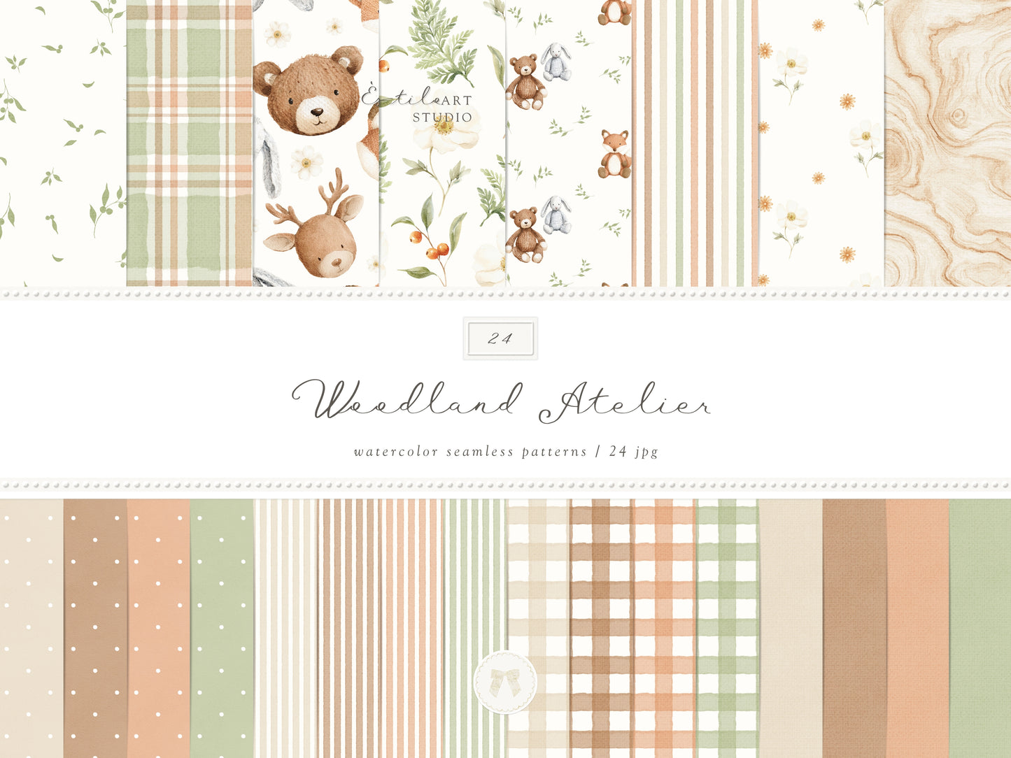 Woodland Atelier - Seamless Patterns, Forest Animals Nursery, Gingham Stripes Plaid, Woodland Fabric Design | 24 JPEG