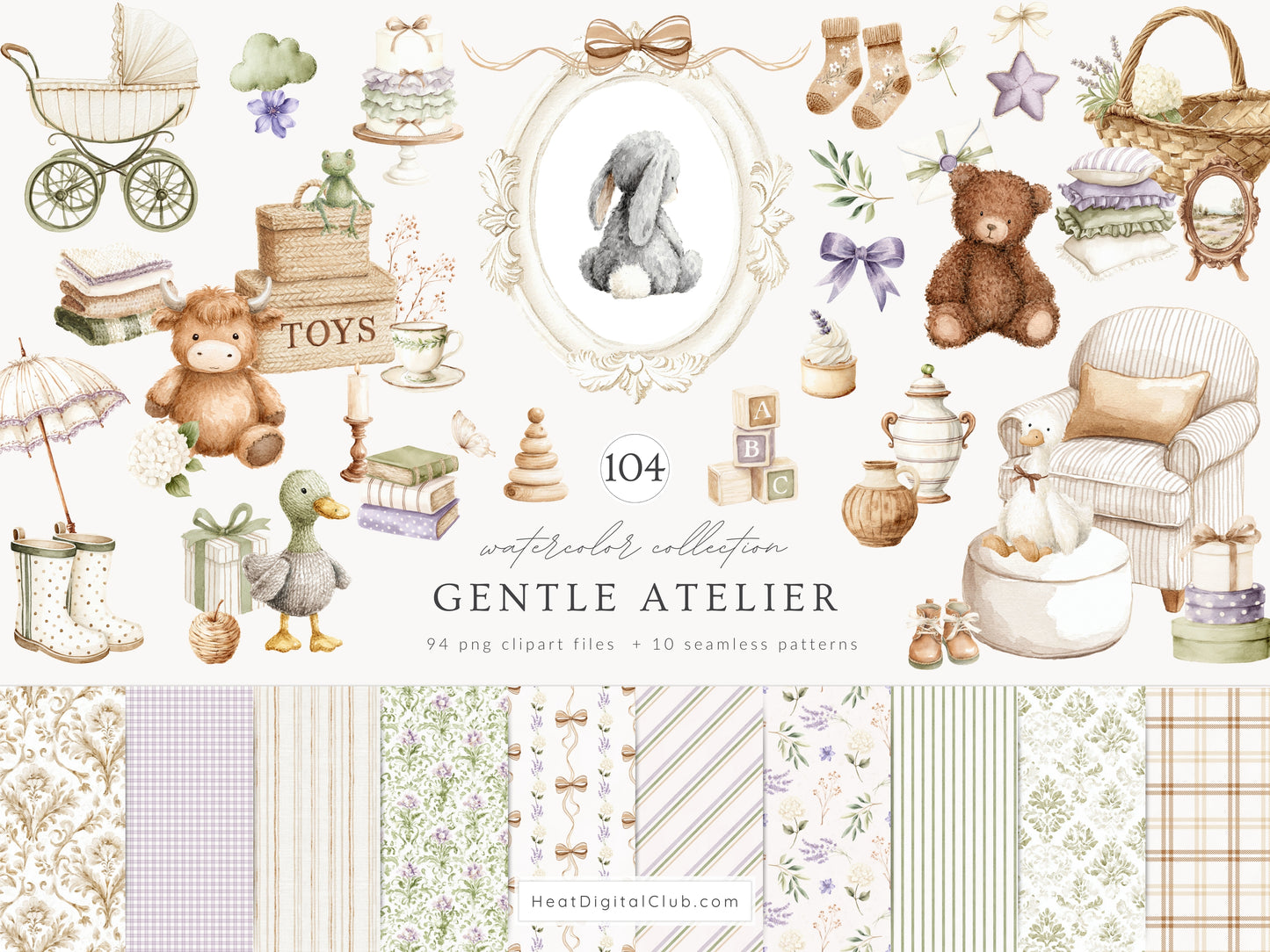 Gentle Atelier - Heirloom Baby Toys, Vintage Nursery Clipart, Neutral Baby Shower, English Spring | 104 PNG/JPEG