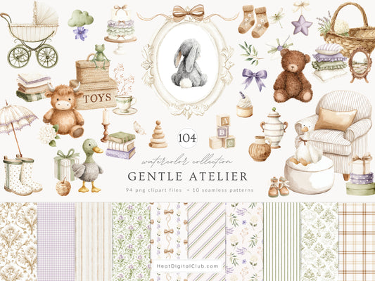 Gentle Atelier - Heirloom Baby Toys, Vintage Nursery Clipart, Neutral Baby Shower, English Spring | 104 PNG/JPEG