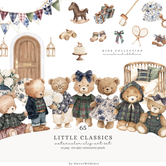 Little Classics - Watercolor Teddy Bears Clipart, Kids Nursery, Grandmillennial | 60 PNG