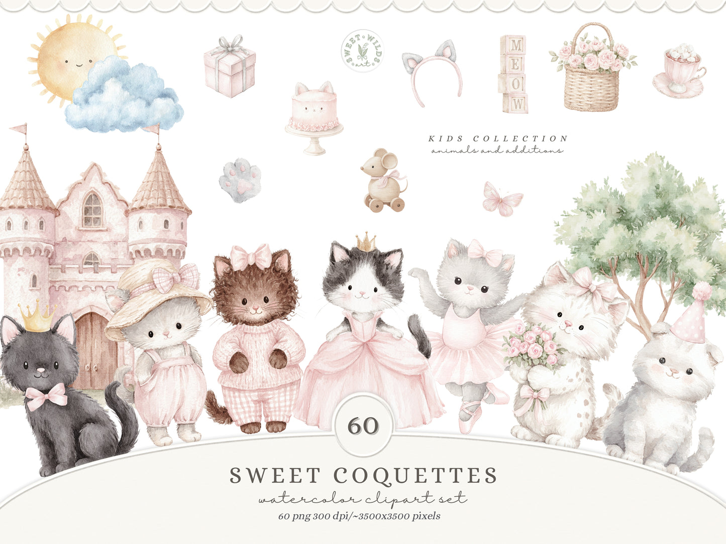 Sweet Coquettes - Cute Pink Cats Clipart Bundle, Coquette Nursery, Baby Girl Graphics, Ballet Cat | 94 PNG/JPEG