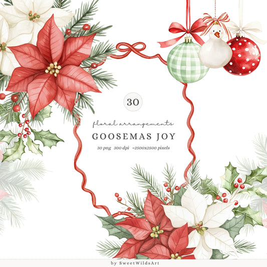 Goosemas Joy - Floral Arrangements, Christmas Ornaments, Holiday Poinsettia | 30 PNG