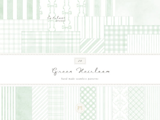 Green Heirloom - Seamless Patterns, Classic Stripe Gingham Damask Bows, Elegant Digital Paper | 20 JPEG