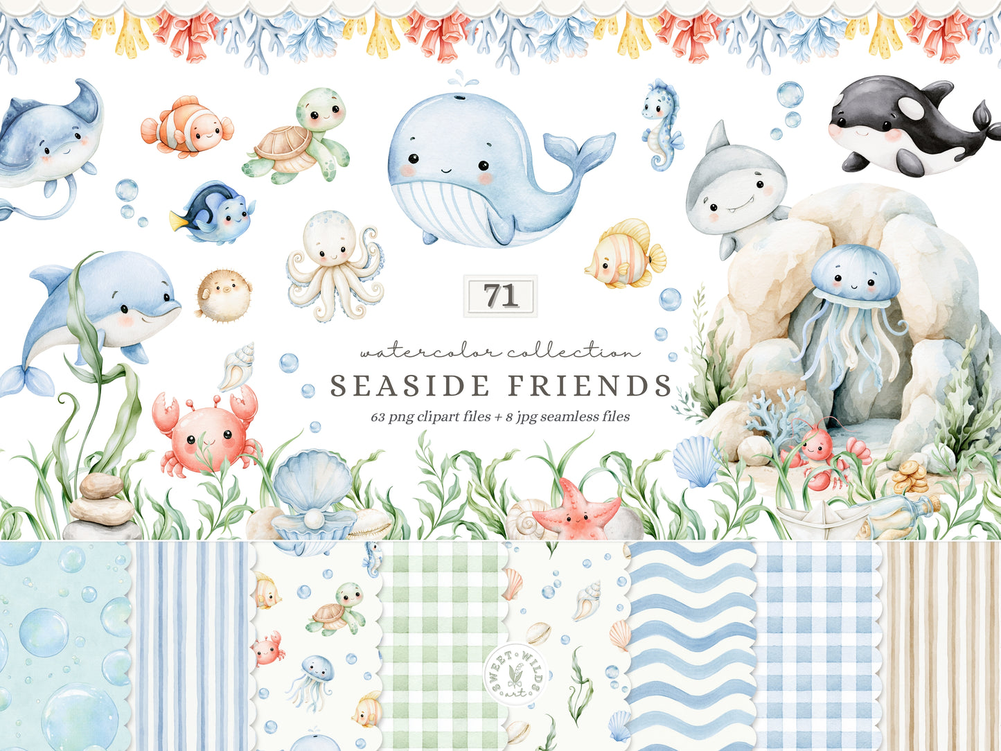Seaside Friends - Watercolor Sea Animals Clipart, Underwater Animals, Nursery, Cute Baby Animals, Baby Shower  | 71 PNG/JPEG