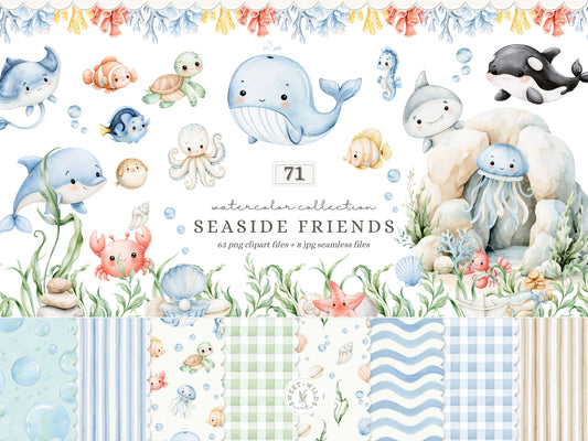 Seaside Friends - Watercolor Sea Animals Clipart, Underwater Animals, Nursery, Cute Baby Animals, Baby Shower  | 71 PNG/JPEG