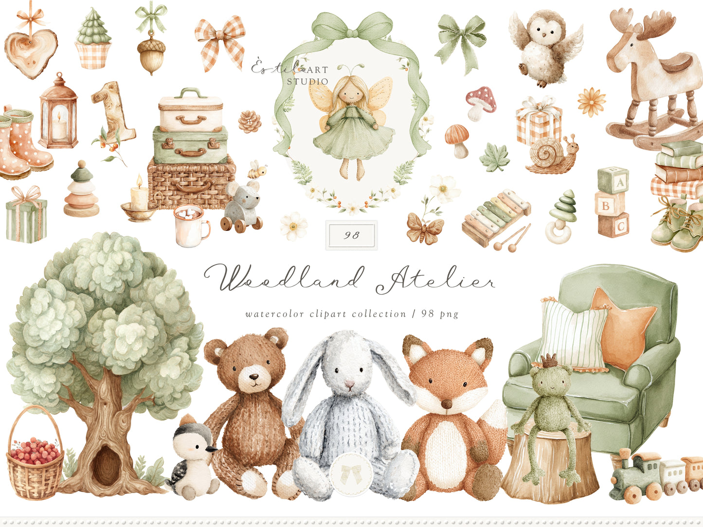 Woodland Atelier - Clipart, Forest Nursery, Plush Animals, Woodland Toys, Baby Shower, Heirloom | 98 PNG