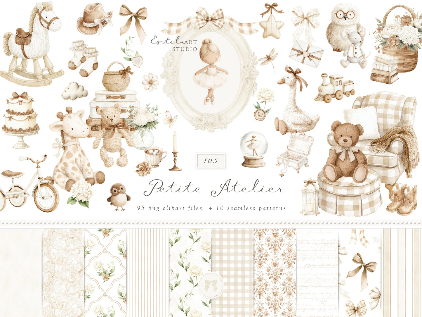 Petite Atelier - Clipart, Heirloom Baby Toys, Vintage Nursery, Neutral Baby Shower, Plush Toys | 105 PNG/JPEG