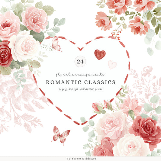 Romantic Classics - Floral Arrangements Clipart, Rose Bouquets, Valentine's Day, Hearts | 24 JPEG