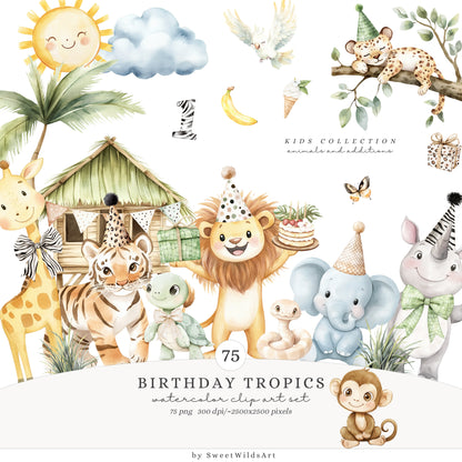 Birthday Tropics - Collection Bundle, Jungle, Baby Animals, Tropical | 123 PNG/JPEG