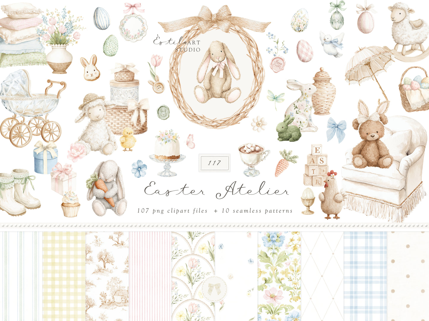Easter Atelier - Clipart Set, Heirloom Nursery Easter, Plush Bunny Toys, Pastel Eggs | 117 PNG/JPEG