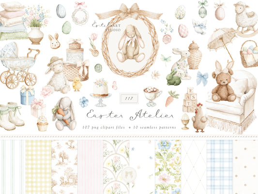 Easter Atelier - Clipart Set, Heirloom Nursery Easter, Plush Bunny Toys, Pastel Eggs | 117 PNG/JPEG