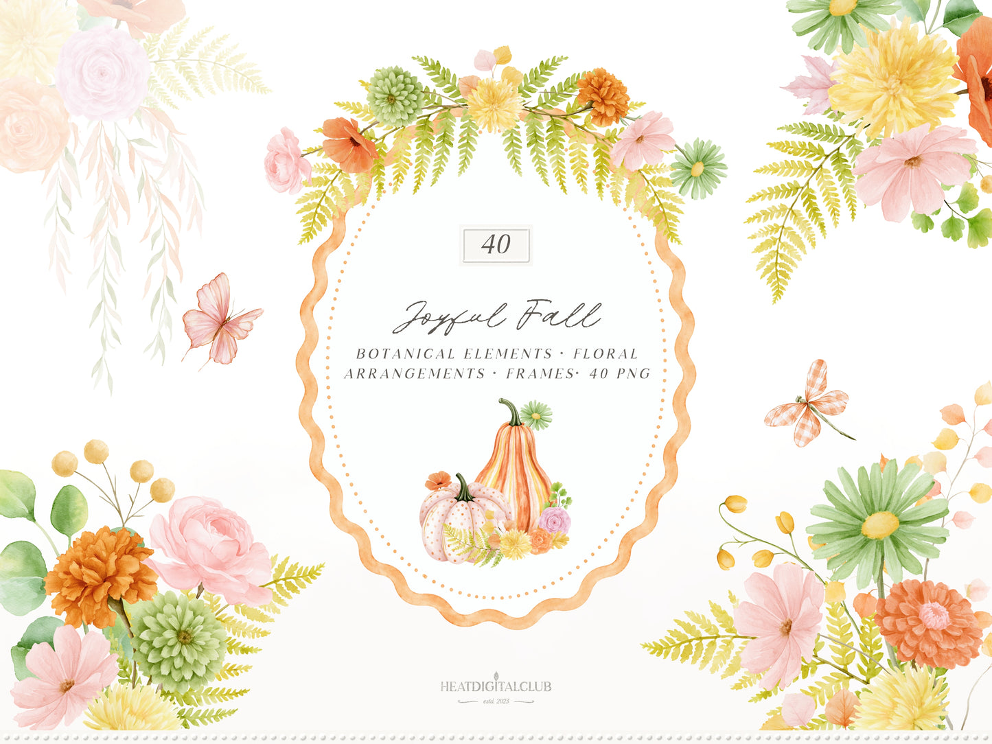 Joyful Fall - Floral Arrangements Clipart, Pink Orange Autumn Flowers, Watercolor Botanical, Fall Bouquets | 40 PNG