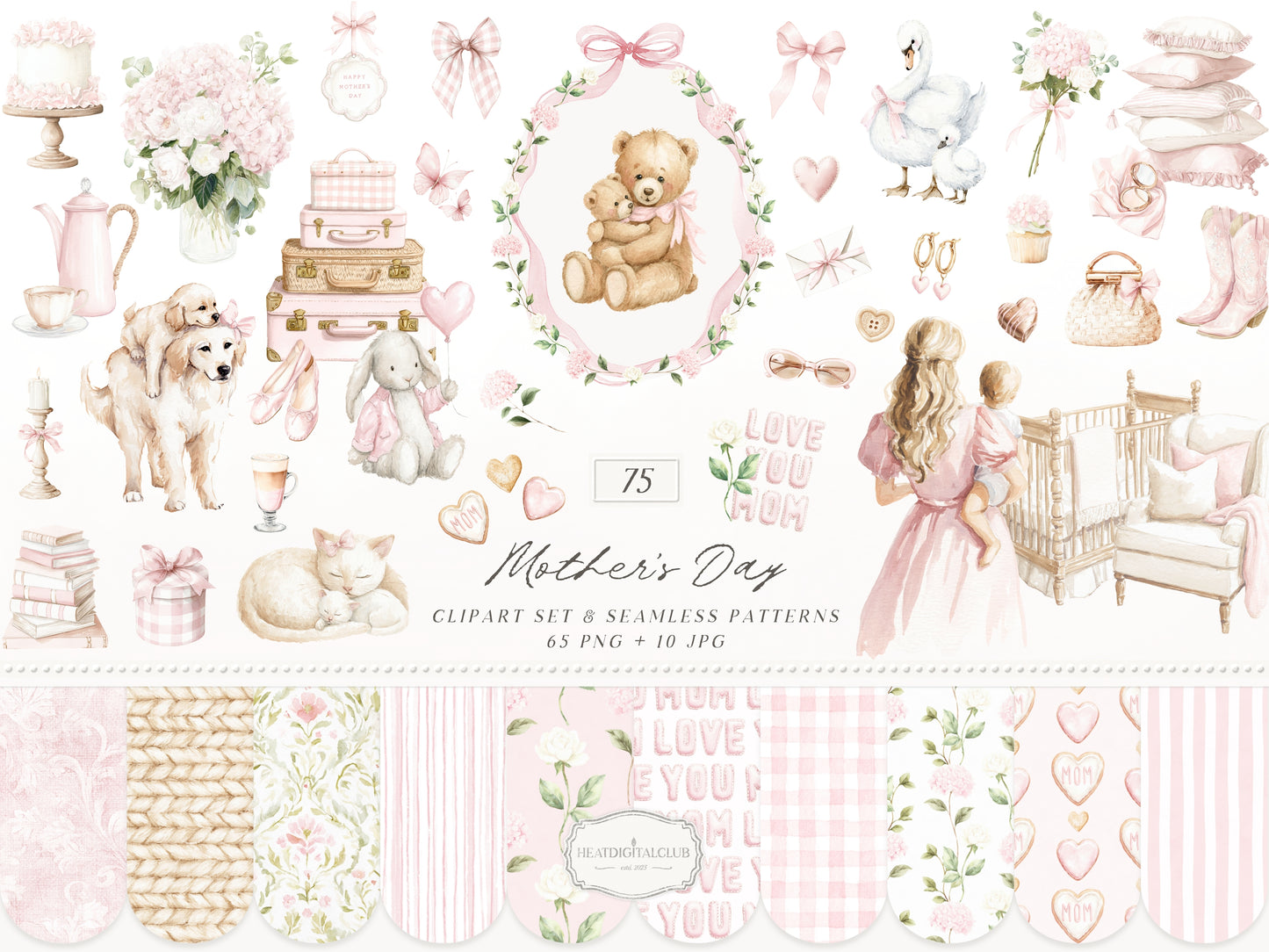 Mother's Day - Clipart, Mom & Baby, Animals, Soft Pink, Love you Mom, Feminine | 75 PNG/JPEG