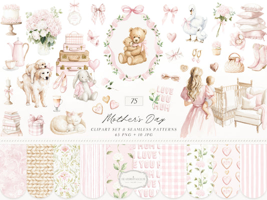 Mother's Day - Clipart, Mom & Baby, Animals, Soft Pink, Love you Mom, Feminine | 75 PNG/JPEG