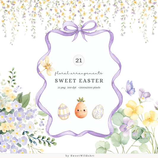 Sweet Easter - Floral Compositions Clipart, Lavender Yellow Blooms, Spring Florals, Cottage | 21 PNG