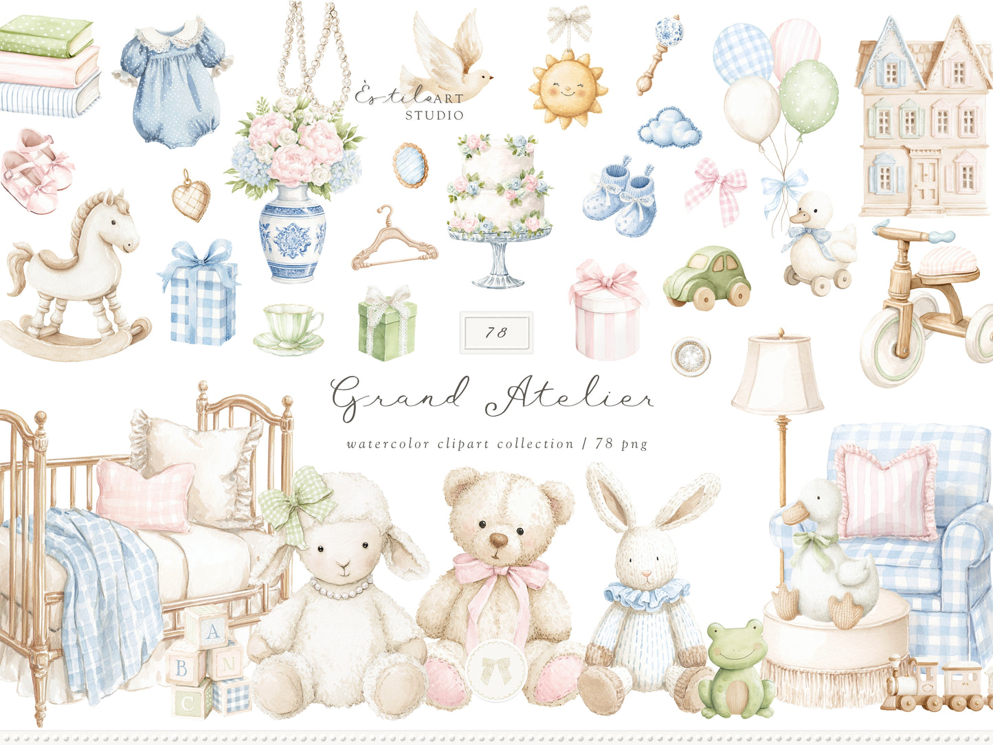 Grand Atelier - Baby Nursery Clipart, Vintage Toys, Teddy Bear, Bunny, Pastel Baby Shower, Grandmillennial | 78 PNG