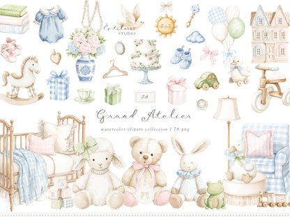 Grand Atelier - Baby Nursery Clipart, Vintage Toys, Teddy Bear, Bunny, Pastel Baby Shower, Grandmillennial | 78 PNG