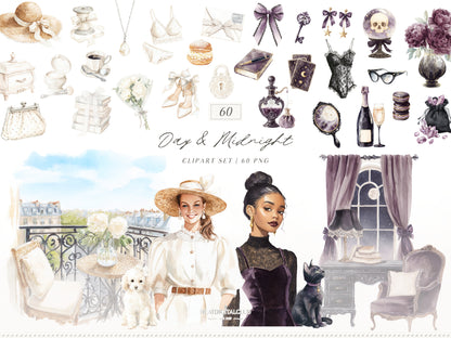 Day & Midnight - Clipart Set Bundle, Romantic Dark Gothic, Feminine, Cottagecore | 94 PNG/JPEG
