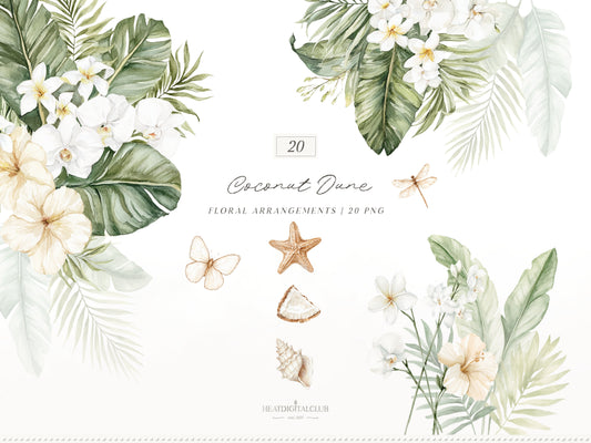 Coconut Dune - Tropical Floral Arrangements Clipart, Palm Leaves , White Beach Flowers | 20 PNG