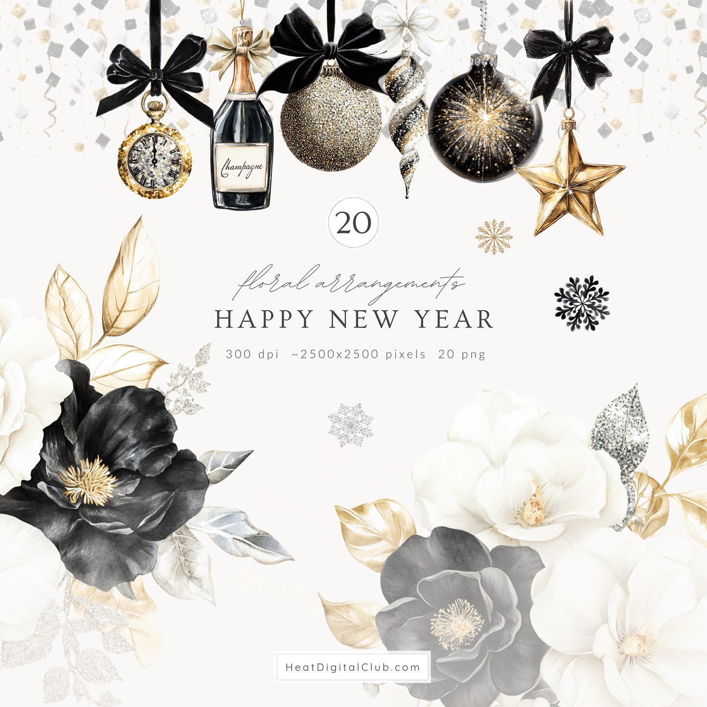 Happy New Year - Collection Bundle, Black Gold Silver Party, Holiday | 90 PNG/JPEG