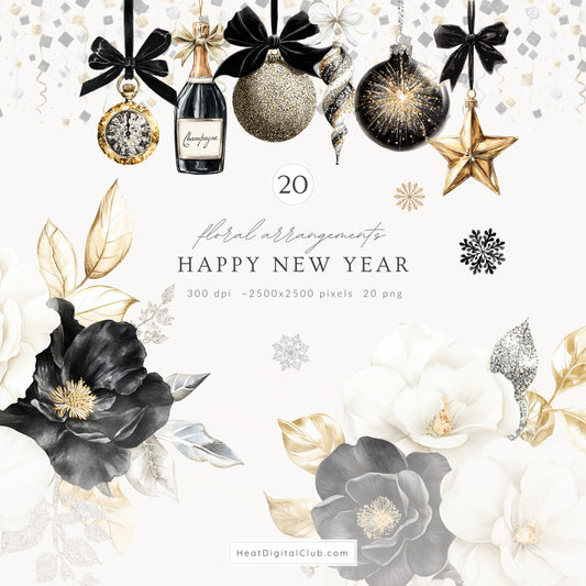 Happy New Year - Floral Arrangements Clipart, Black White Gold, Holiday Bouquet | 20 PNG