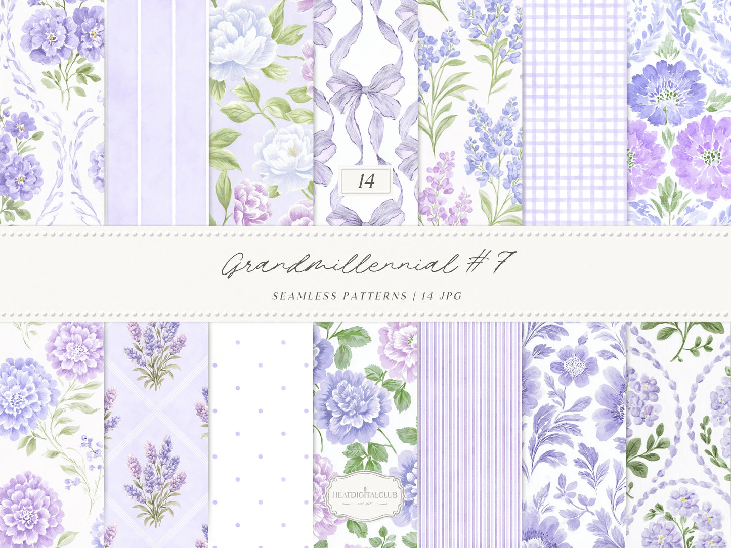 Grandmillennial Set 7 - Seamless Patterns, Lavender Floral, Purple Stripe, Plaid, Elegant Botanical Patterns | 14 JPEG