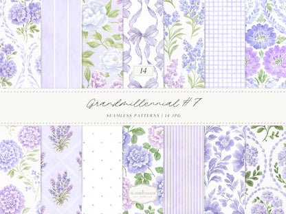 Grandmillennial Set 7 - Seamless Patterns, Lavender Floral, Purple Stripe, Plaid, Elegant Botanical Patterns | 14 JPEG