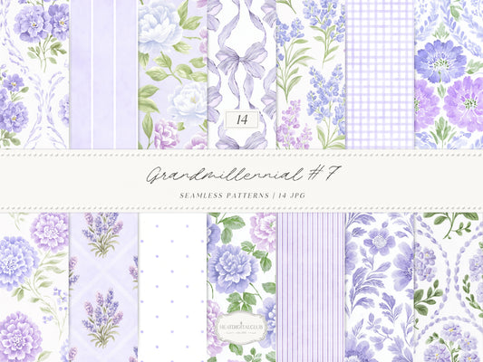 Grandmillennial Set 7 - Seamless Patterns, Lavender Floral, Purple Stripe, Plaid, Elegant Botanical Patterns | 14 JPEG