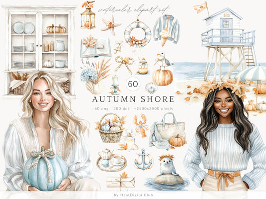 Autumn Shore - Coastal Fall Clipart, Ocean, Beach, Pastel, Cottagecore | 60 PNG