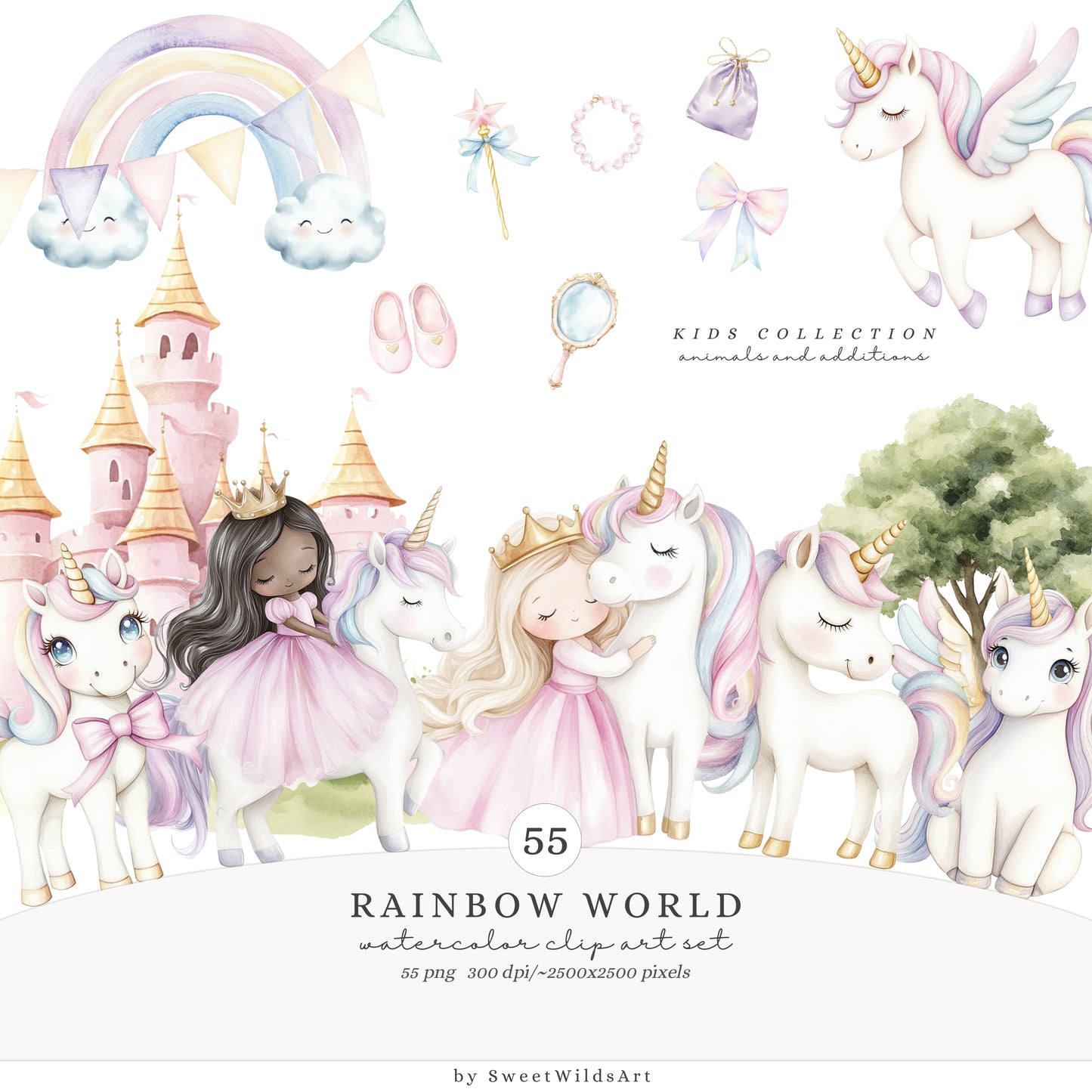 Rainbow World -  Collection Bundle, Fairytale Unicorns, Princess, Patterns & Florals | 90 PNG/JPEG