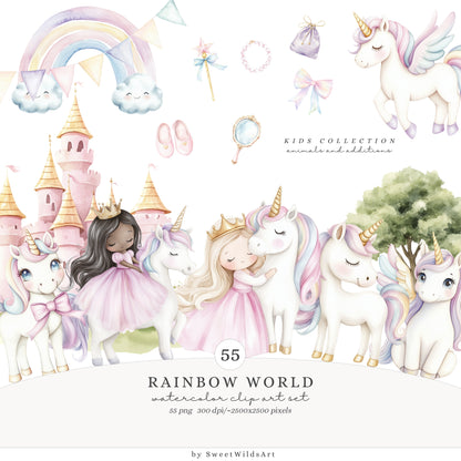 Rainbow World -  Collection Bundle, Fairytale Unicorns, Princess, Patterns & Florals | 90 PNG/JPEG