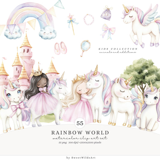 Rainbow World - Watercolor Clipart Set, Cute Unicorns & Princess | 55 PNG