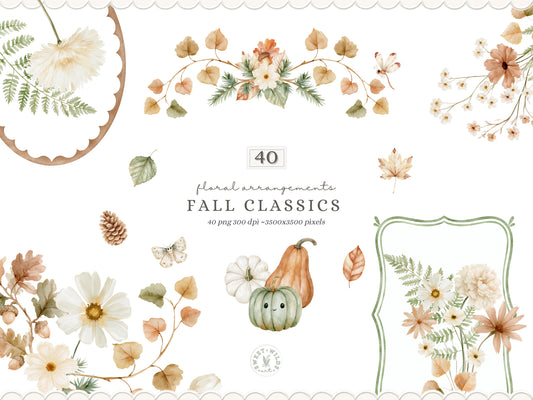 Fall Classics - Floral Arrangements, Autumn Flowers Clipart, Woodland Botanicals, Pumpkins, Leaves, Ferns, Rustic | 40 PNG